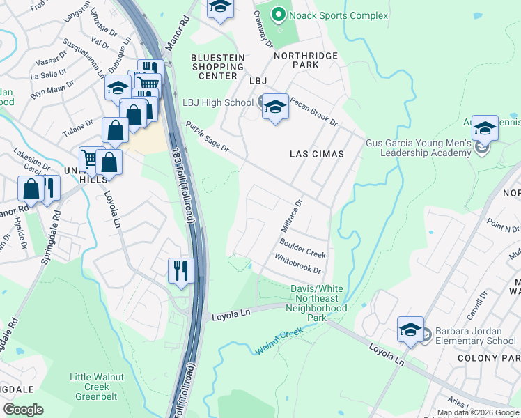 map of restaurants, bars, coffee shops, grocery stores, and more near 5601 Durango Pass in Austin