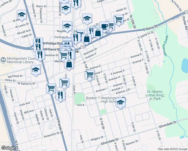 map of restaurants, bars, coffee shops, grocery stores, and more near 301 South 1st Street in Conroe