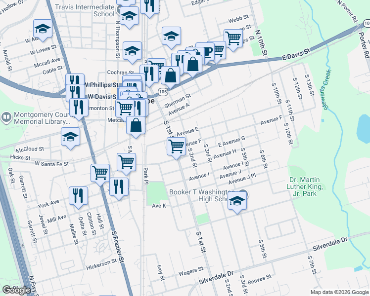 map of restaurants, bars, coffee shops, grocery stores, and more near 301 South 1st Street in Conroe
