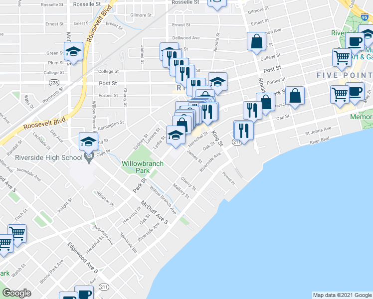 map of restaurants, bars, coffee shops, grocery stores, and more near 2542 Herschel St in Jacksonville