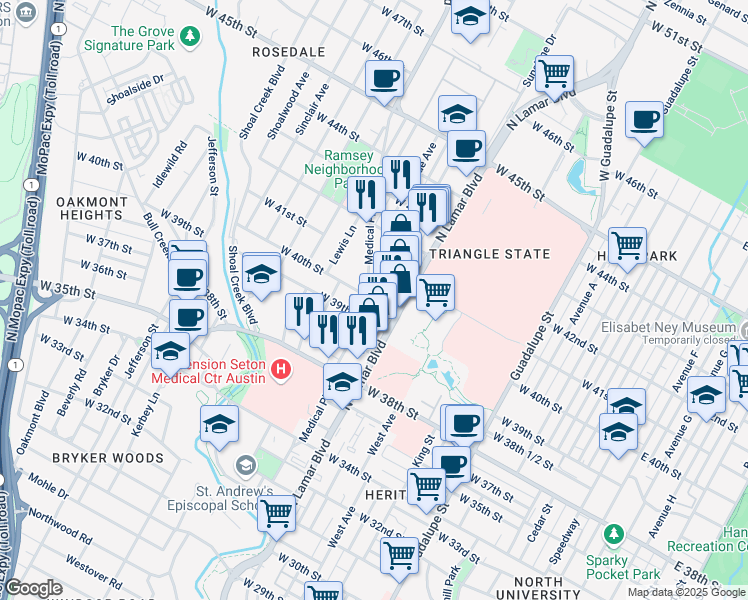 map of restaurants, bars, coffee shops, grocery stores, and more near 1011 West 40th Street in Austin