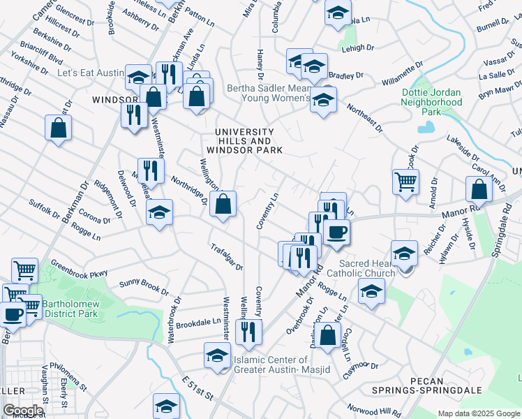 map of restaurants, bars, coffee shops, grocery stores, and more near 5802 Coventry Lane in Austin