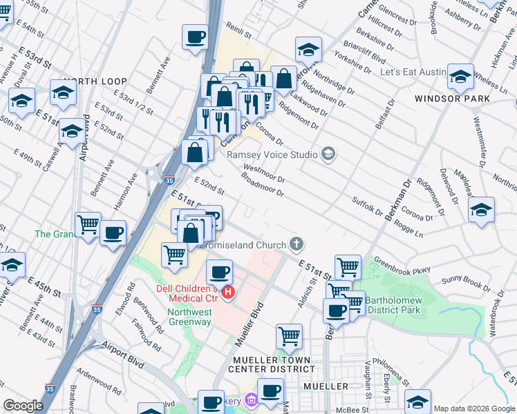 map of restaurants, bars, coffee shops, grocery stores, and more near 1312 East 52nd Street in Austin