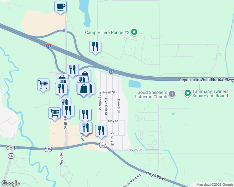map of restaurants, bars, coffee shops, grocery stores, and more near 1604 Beech Street in Slidell