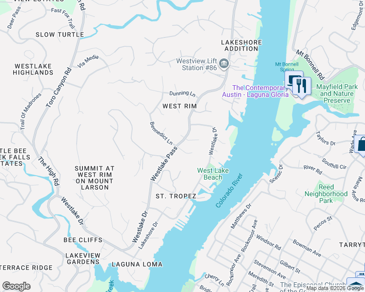 map of restaurants, bars, coffee shops, grocery stores, and more near 4002 Bennedict Lane in Austin