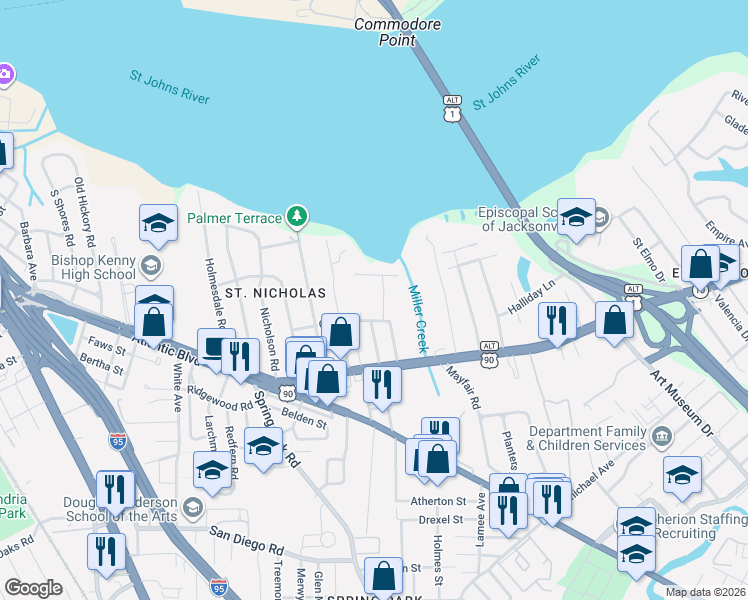 map of restaurants, bars, coffee shops, grocery stores, and more near 3400 Morier Street in Jacksonville