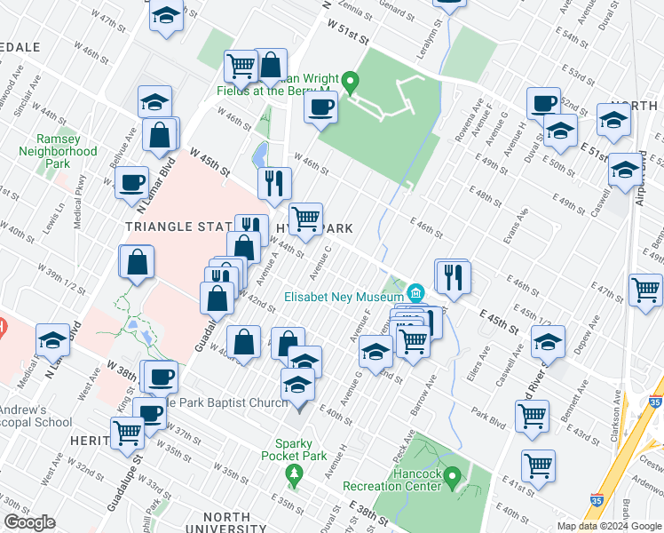 map of restaurants, bars, coffee shops, grocery stores, and more near 202 West 44th Street in Austin