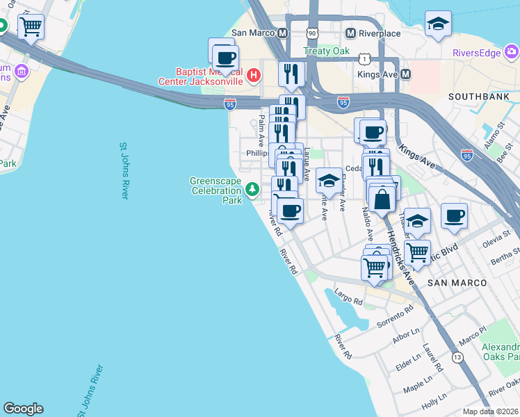map of restaurants, bars, coffee shops, grocery stores, and more near 1616 River Road in Jacksonville