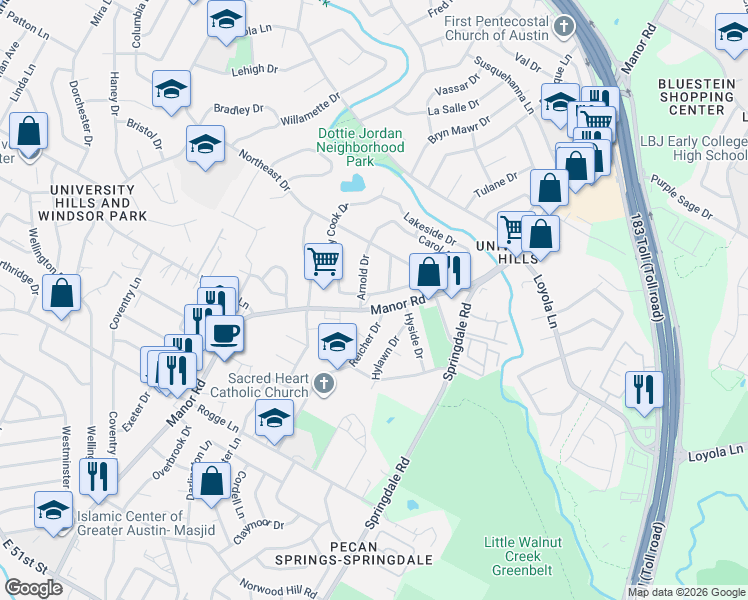 map of restaurants, bars, coffee shops, grocery stores, and more near 6206 Arnold Drive in Austin
