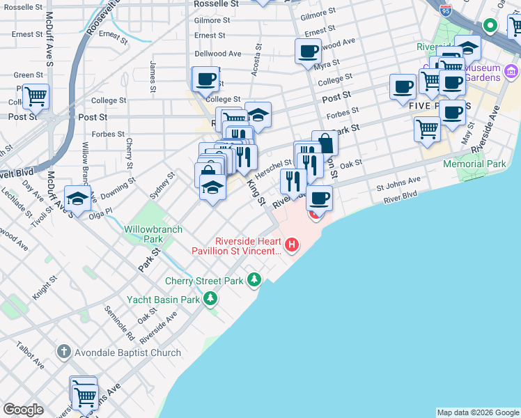 map of restaurants, bars, coffee shops, grocery stores, and more near 2715 Oak Street in Jacksonville