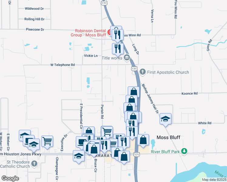 map of restaurants, bars, coffee shops, grocery stores, and more near 549 LeJuanta Street in Lake Charles