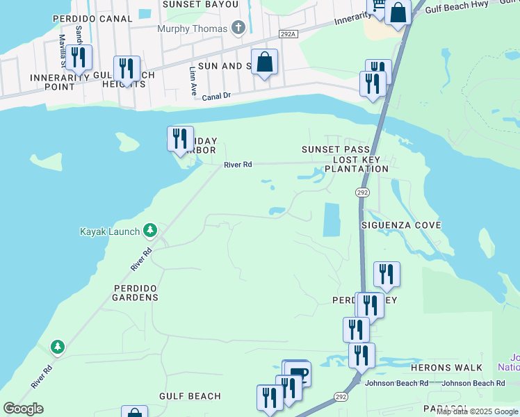 map of restaurants, bars, coffee shops, grocery stores, and more near 608 Lost Key Drive in Pensacola