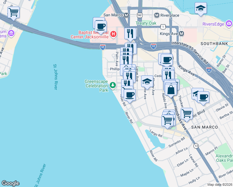 map of restaurants, bars, coffee shops, grocery stores, and more near 923 Lasalle Street in Jacksonville