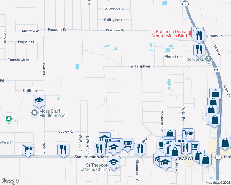 map of restaurants, bars, coffee shops, grocery stores, and more near 561 Dewey Rd in Lake Charles