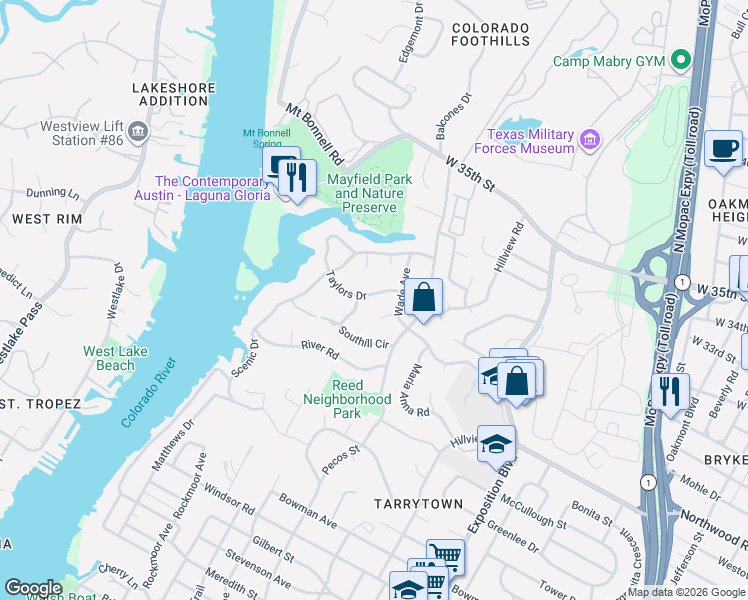 map of restaurants, bars, coffee shops, grocery stores, and more near 3407 Taylors Drive in Austin