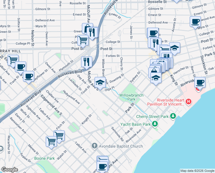 map of restaurants, bars, coffee shops, grocery stores, and more near 2910 Downing Street in Jacksonville