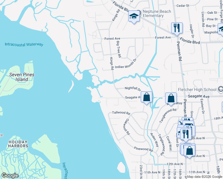 map of restaurants, bars, coffee shops, grocery stores, and more near 1908 Nightfall Drive in Neptune Beach