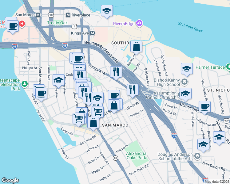 map of restaurants, bars, coffee shops, grocery stores, and more near 1811 Landon Avenue in Jacksonville