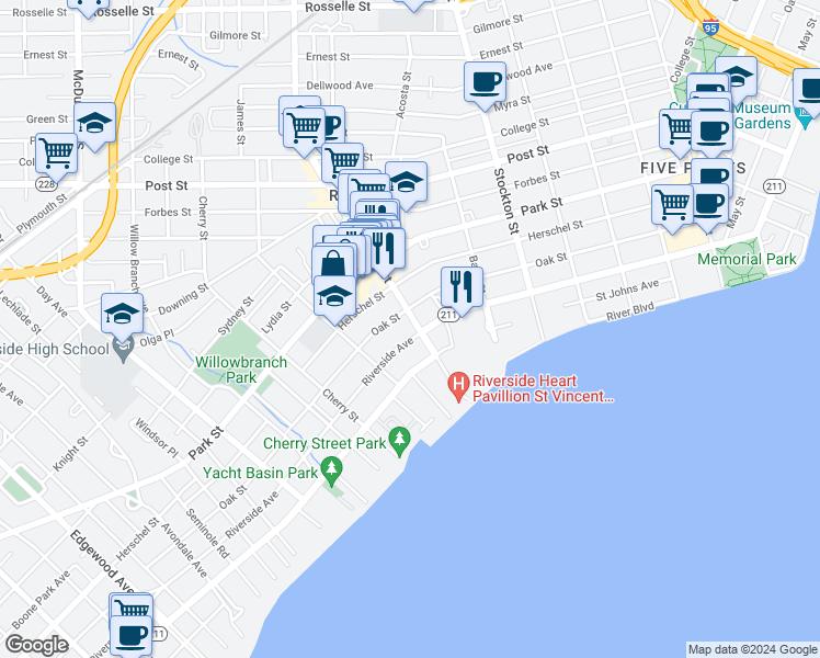 map of restaurants, bars, coffee shops, grocery stores, and more near 2715 Oak Street in Jacksonville