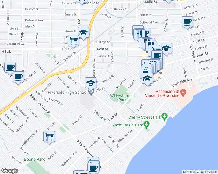 map of restaurants, bars, coffee shops, grocery stores, and more near 2878 Olga Place in Jacksonville