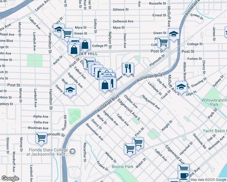 map of restaurants, bars, coffee shops, grocery stores, and more near 3443 Mayflower Street in Jacksonville