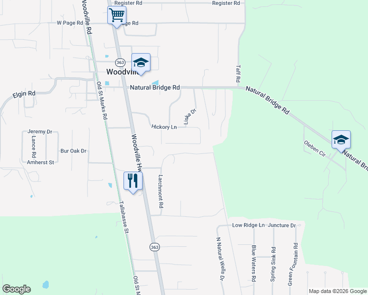 map of restaurants, bars, coffee shops, grocery stores, and more near 2233 Hickory Court in Tallahassee