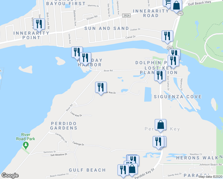 map of restaurants, bars, coffee shops, grocery stores, and more near 616 Lost Key Drive in Pensacola