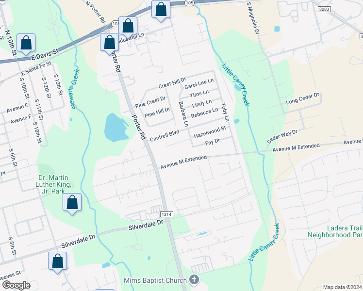 map of restaurants, bars, coffee shops, grocery stores, and more near 1623 Hazelwood Street in Conroe