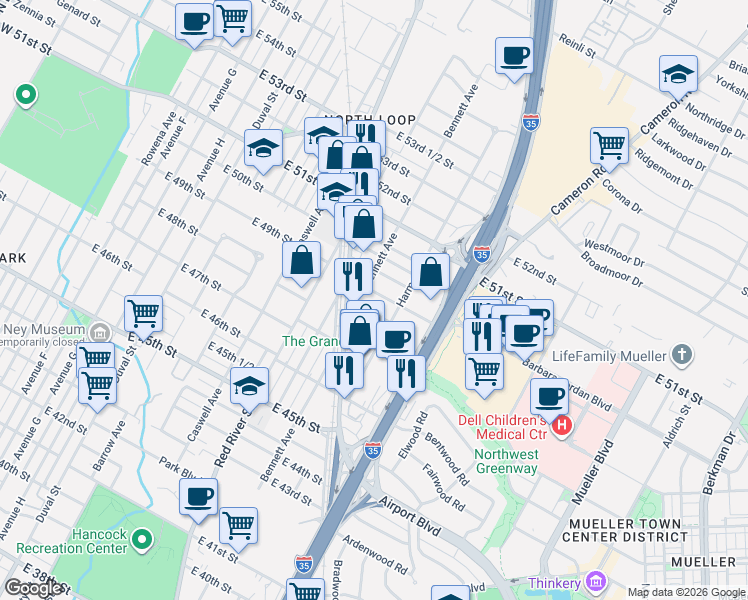 map of restaurants, bars, coffee shops, grocery stores, and more near 908 East 49th Street in Austin