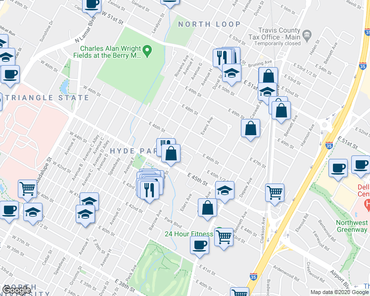 map of restaurants, bars, coffee shops, grocery stores, and more near 4600 Duval Street in Austin