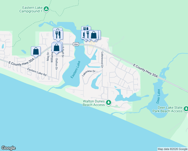map of restaurants, bars, coffee shops, grocery stores, and more near 444 Lakeview Drive in Santa Rosa Beach