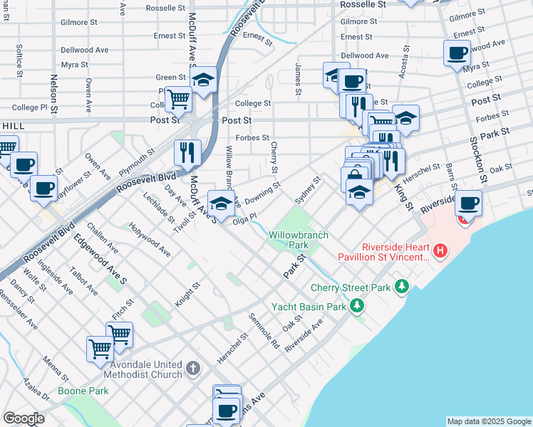map of restaurants, bars, coffee shops, grocery stores, and more near 2878 Olga Place in Jacksonville