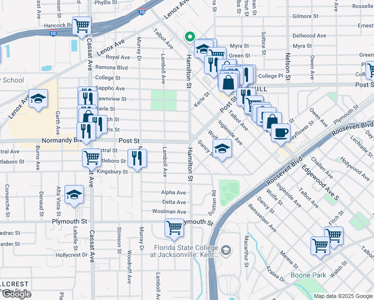 map of restaurants, bars, coffee shops, grocery stores, and more near 4507 Astral Street in Jacksonville