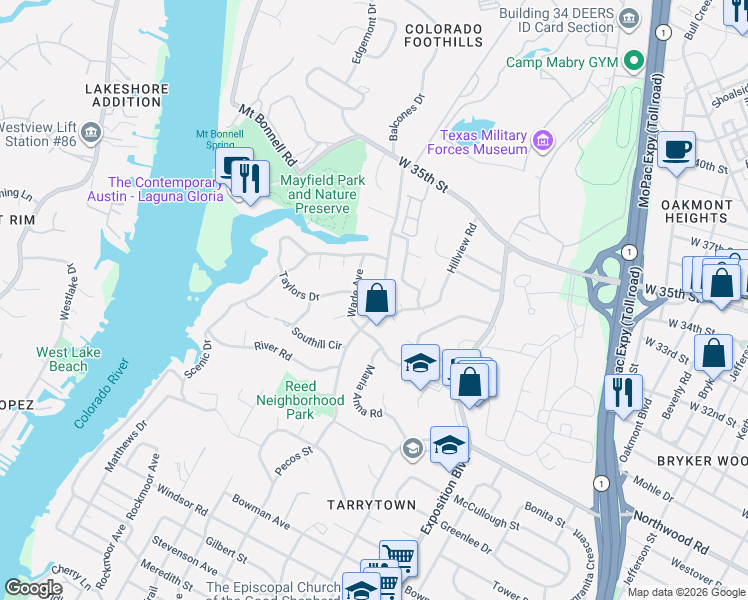 map of restaurants, bars, coffee shops, grocery stores, and more near 2806 Pecos Street in Austin