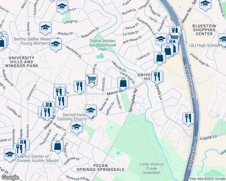 map of restaurants, bars, coffee shops, grocery stores, and more near 63 Vioitha Drive in Austin
