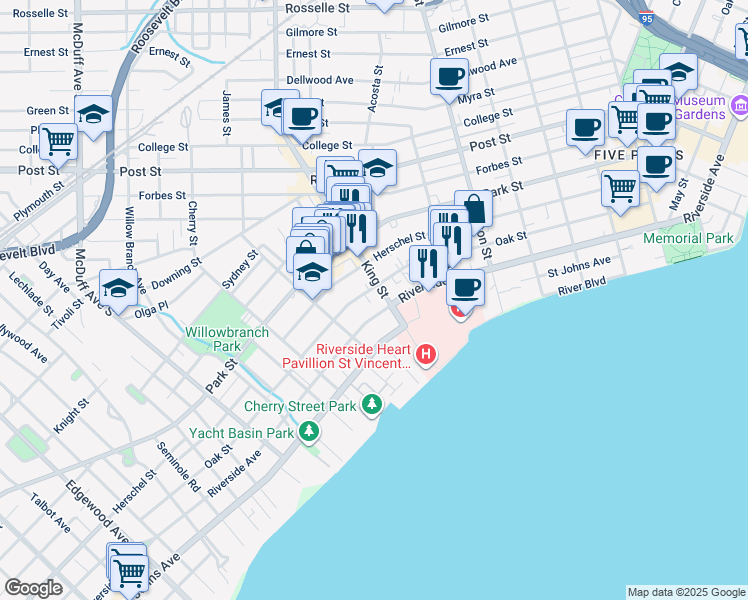 map of restaurants, bars, coffee shops, grocery stores, and more near 2715 Oak Street in Jacksonville