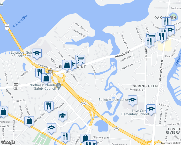 map of restaurants, bars, coffee shops, grocery stores, and more near 1644 Jork Road in Jacksonville