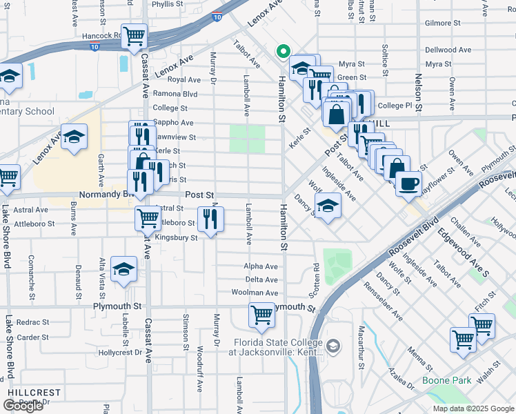 map of restaurants, bars, coffee shops, grocery stores, and more near 4525 Florida 228 in Jacksonville