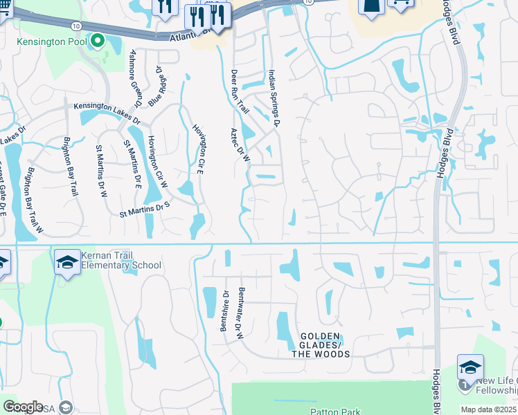map of restaurants, bars, coffee shops, grocery stores, and more near 12867 Daybreak Court East in Jacksonville