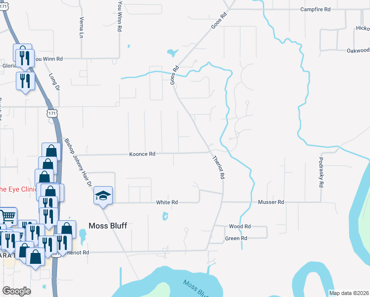 map of restaurants, bars, coffee shops, grocery stores, and more near 543 Abby Ln in Lake Charles