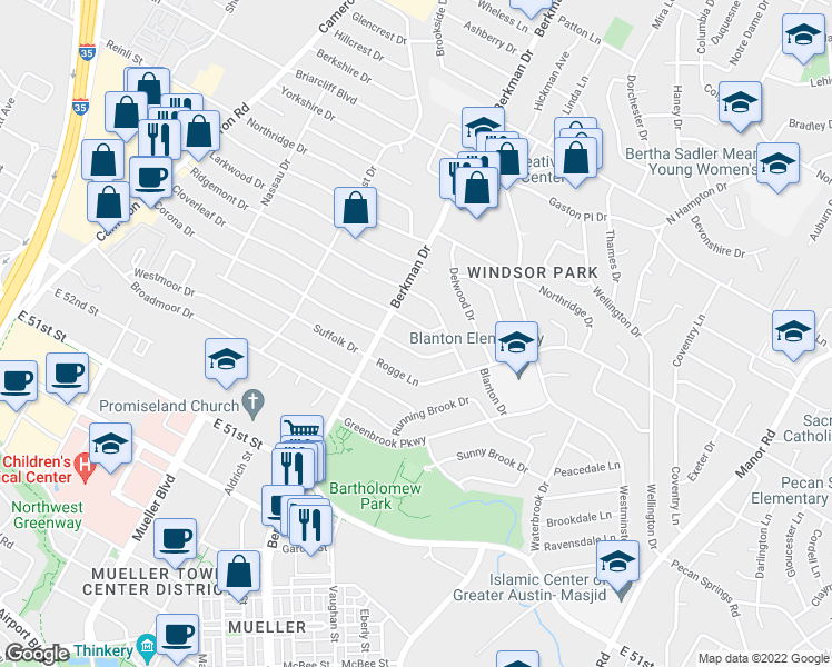 map of restaurants, bars, coffee shops, grocery stores, and more near 1801 Cloverleaf Drive in Austin