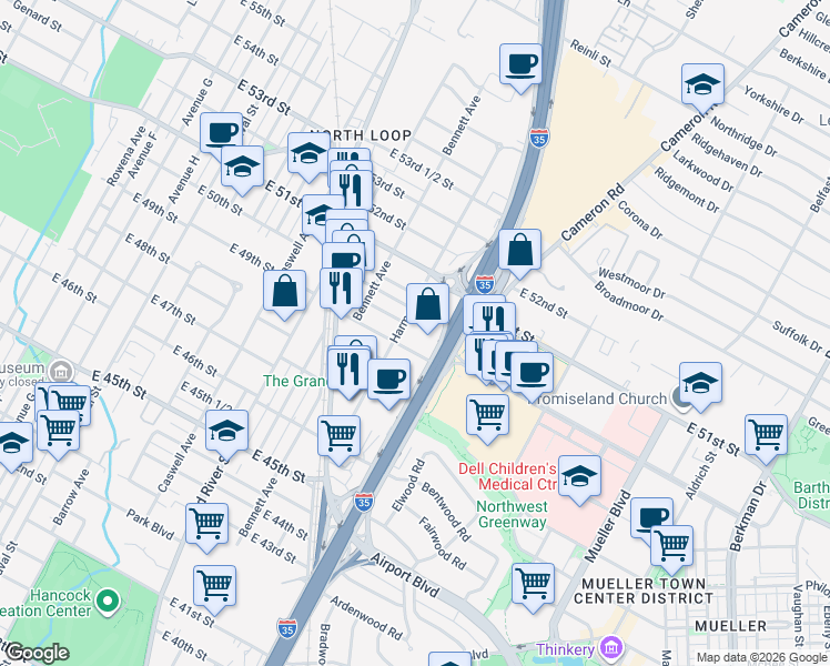 map of restaurants, bars, coffee shops, grocery stores, and more near 930 East 49th 1/2 Street in Austin