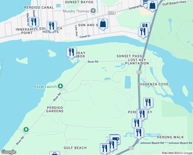 map of restaurants, bars, coffee shops, grocery stores, and more near 612 Lost Key Drive in Pensacola