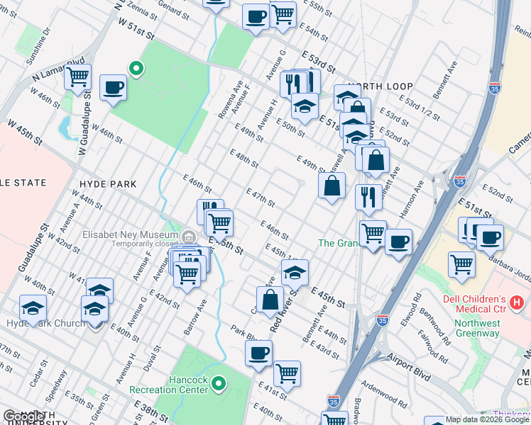 map of restaurants, bars, coffee shops, grocery stores, and more near 4607 Evans Avenue in Austin