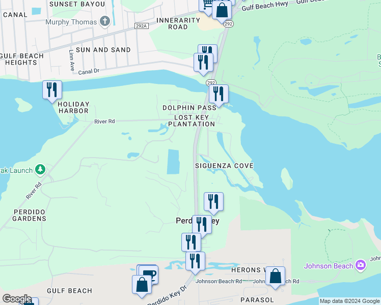 map of restaurants, bars, coffee shops, grocery stores, and more near 13000 Perdido Key Drive in Pensacola