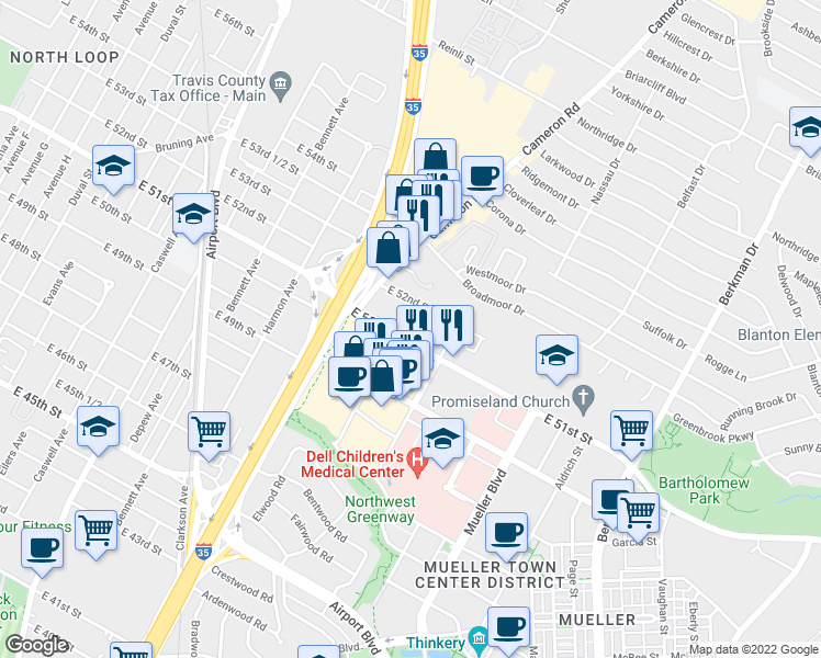 map of restaurants, bars, coffee shops, grocery stores, and more near 1202 East 51st Street in Austin