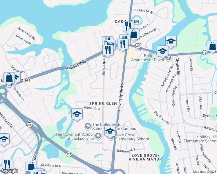map of restaurants, bars, coffee shops, grocery stores, and more near 5808 Bartram Circle East in Jacksonville