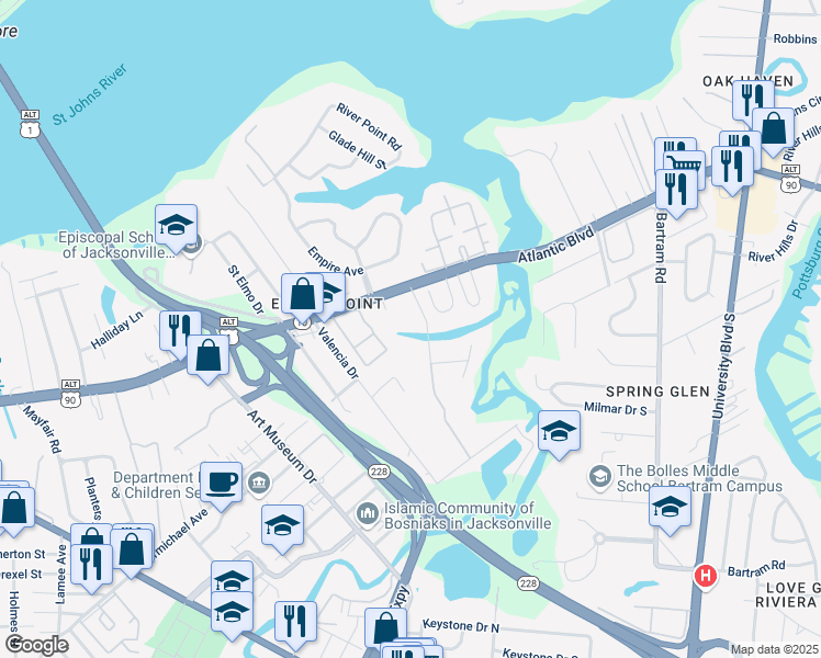 map of restaurants, bars, coffee shops, grocery stores, and more near 1644 Jork Road in Jacksonville