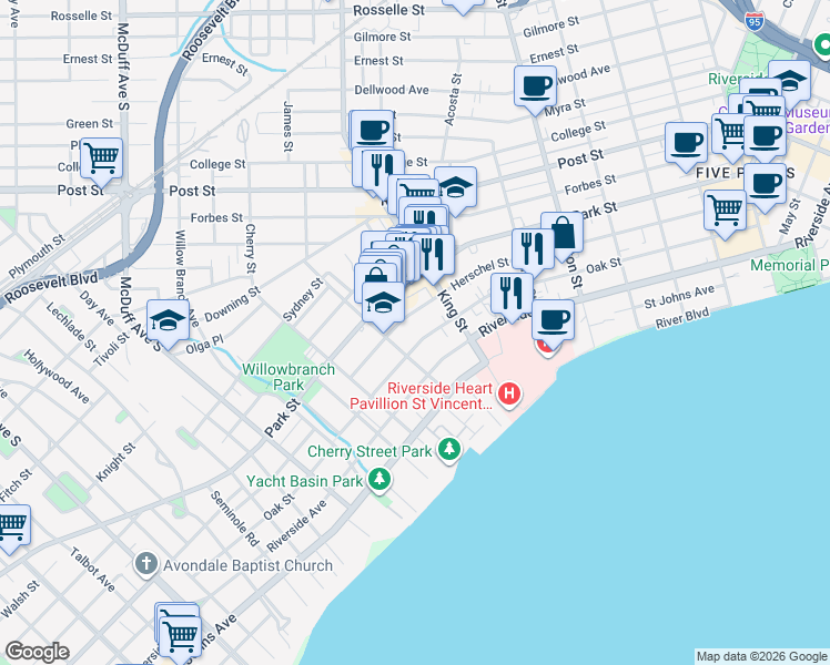 map of restaurants, bars, coffee shops, grocery stores, and more near 2746 Herschel Street in Jacksonville