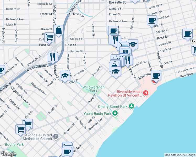 map of restaurants, bars, coffee shops, grocery stores, and more near 2870 Sydney Street in Jacksonville
